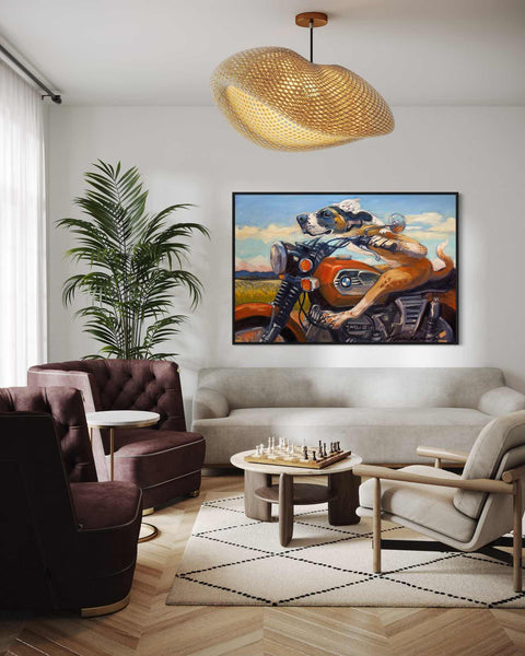 a living room filled with furniture and a painting on the wall