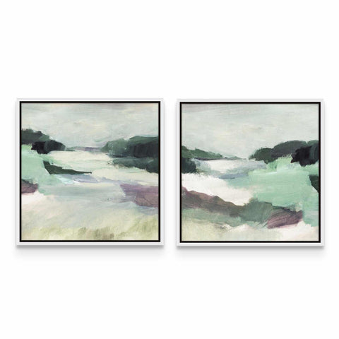two paintings of green and purple on a white wall