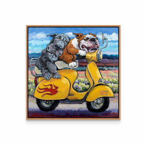 a painting of two dogs riding a scooter