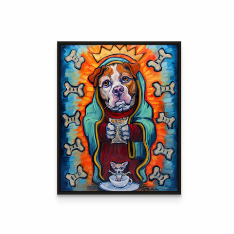 a painting of a dog holding a cup of coffee
