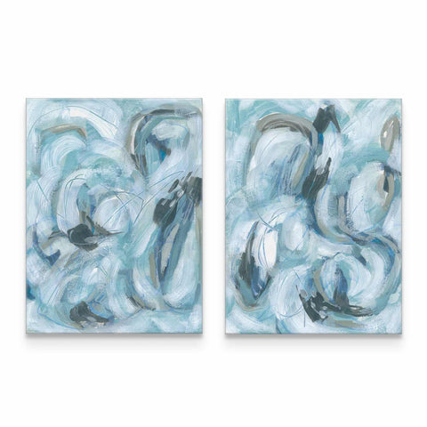 two abstract paintings of blue and white colors