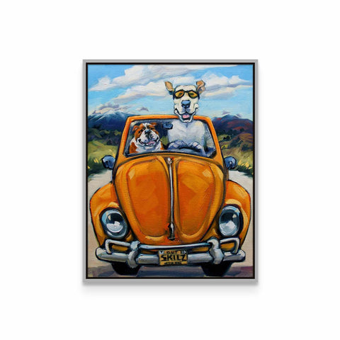 a painting of a dog sitting in the back of a car