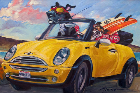a painting of a dog riding in a yellow car