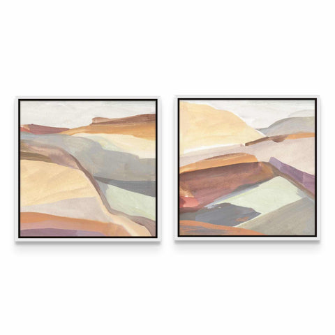 a painting of a desert landscape with mountains in the background
