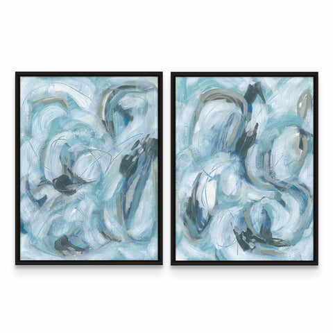 two abstract paintings of blue and gray colors