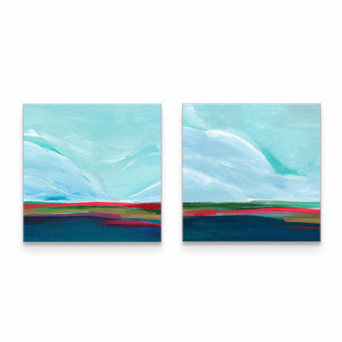two paintings of blue, green, and red on a white wall