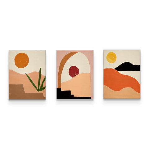 three paintings on a white wall with a white background