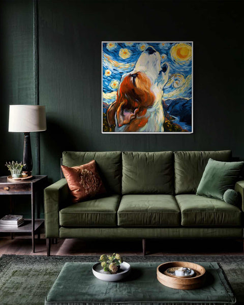 a living room with a green couch and a painting on the wall