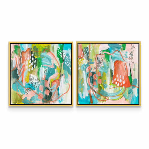 two paintings of different colors on a white wall