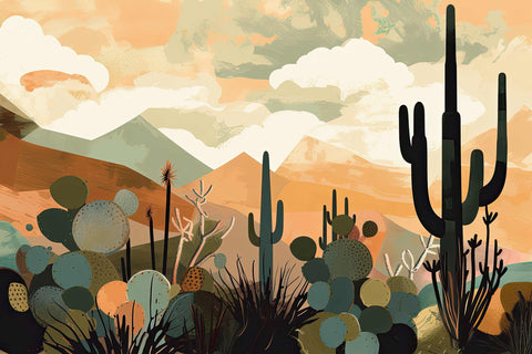 a painting of a desert scene with cacti