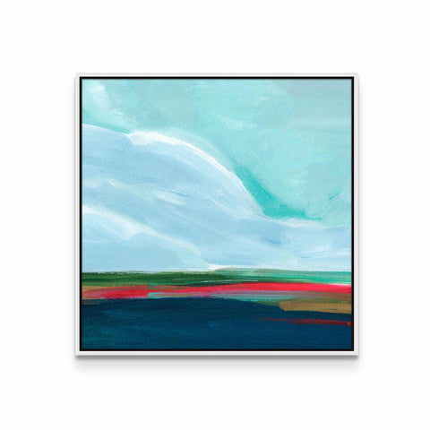a painting of a blue and green landscape