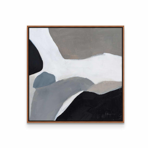 a painting with a brown frame on a white wall