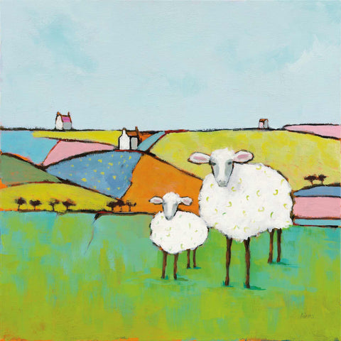 a painting of two sheep standing in a field