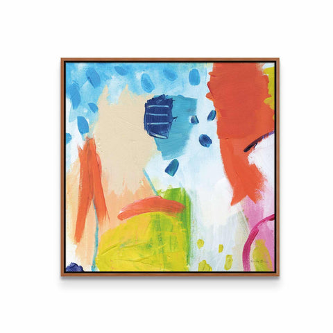 an abstract painting in a wooden frame on a white wall