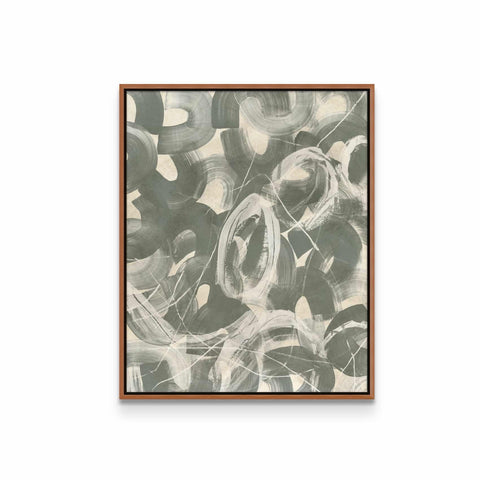 a painting with a brown frame on a white wall