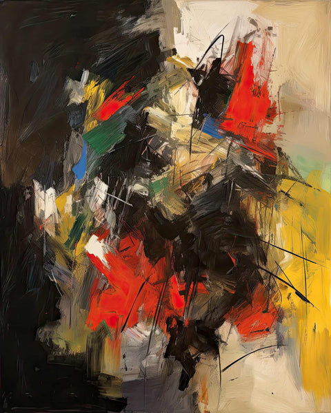 an abstract painting with black, yellow, red, and white colors