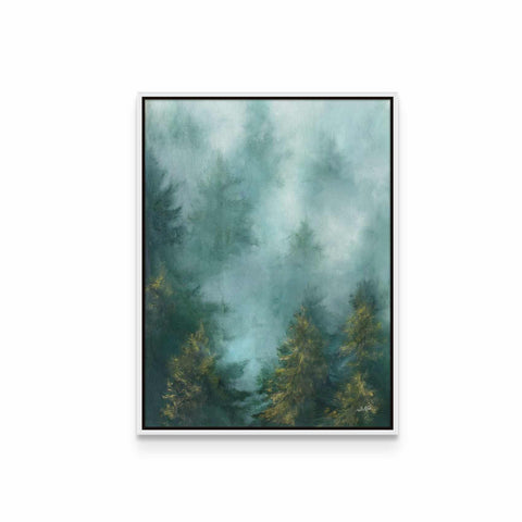 a painting of a foggy forest with trees