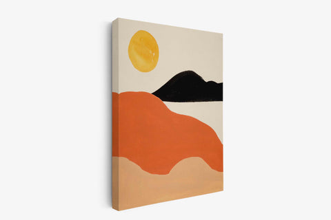 a painting of a mountain with a sun in the background