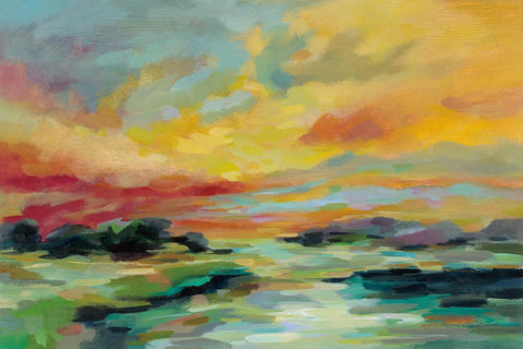 a painting of a sunset over a body of water