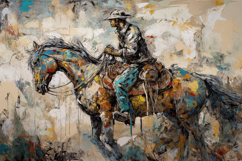 a painting of a cowboy riding a horse