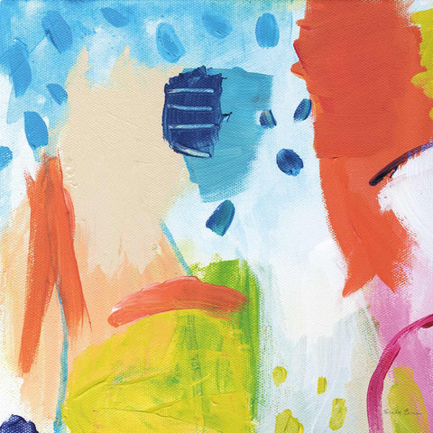 an abstract painting with blue, yellow, pink, and orange colors