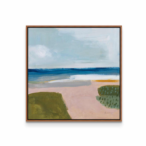 a painting of a beach with a sky background