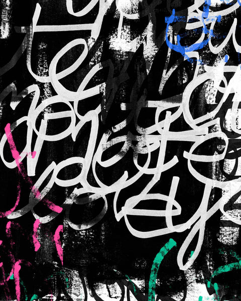 a black and white painting with different colored letters