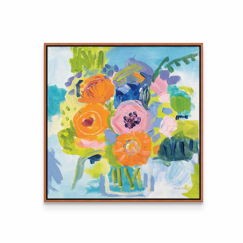 a painting of colorful flowers in a vase