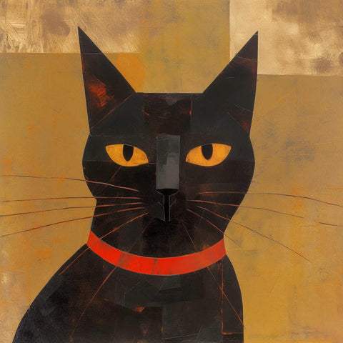 a painting of a black cat with yellow eyes