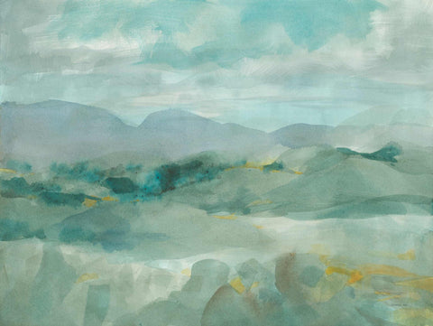 a painting of a mountain range with a sky background