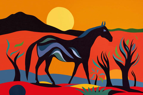 a painting of a horse standing in a field