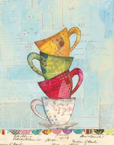 a painting of a stack of coffee cups