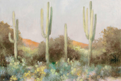 a painting of a desert landscape with cactus trees
