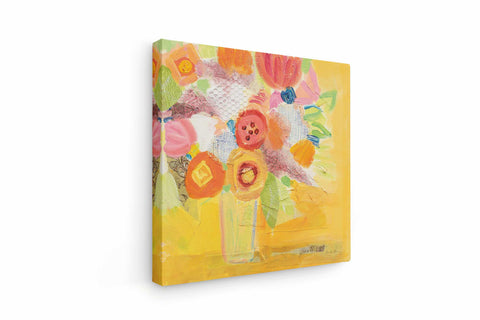 a painting of flowers on a yellow background