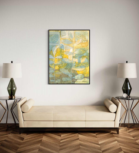 a living room with a couch and two lamps