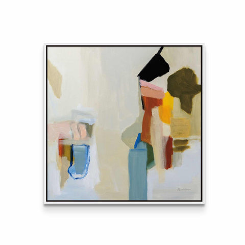 a painting of a white wall with a black object on top of it