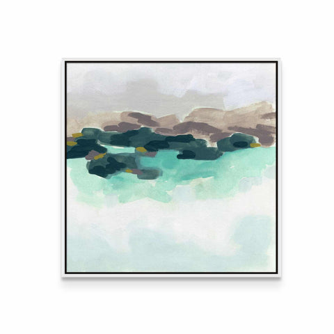 a painting of a lake with mountains in the background