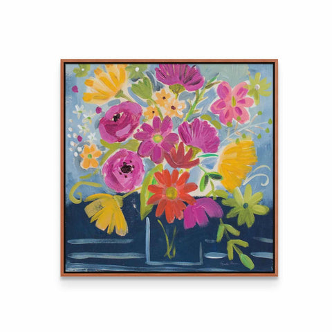 a painting of colorful flowers in a vase