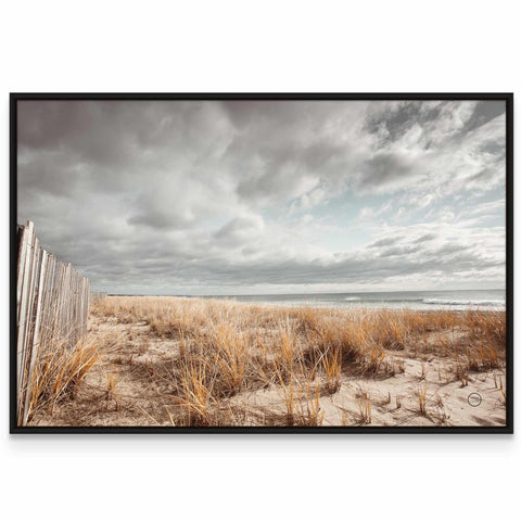 a picture of a beach with grass and a fence