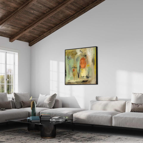 a living room filled with furniture and a painting on the wall