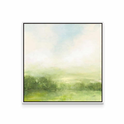 a painting of a green landscape on a white wall