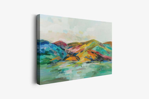 a painting on a wall of a mountain range