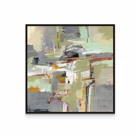 an abstract painting in a black frame on a white wall