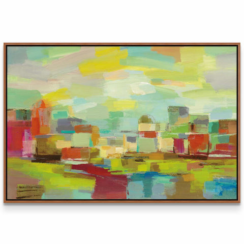 an abstract painting of a cityscape