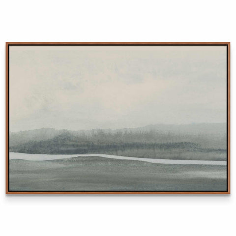 a painting with a brown frame on a white wall