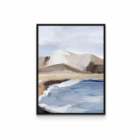 a painting of a beach with a mountain in the background