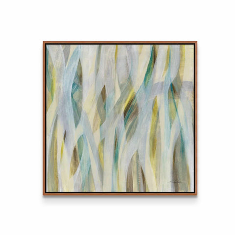 a painting with a brown frame hanging on a wall