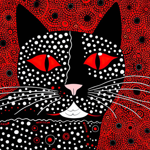 a painting of a black cat with red eyes