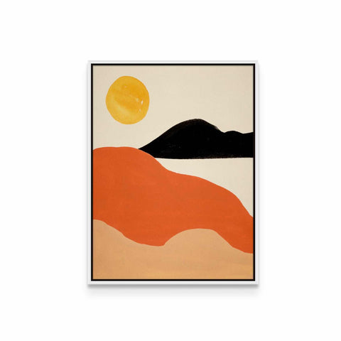 a painting of a desert with a sun in the background