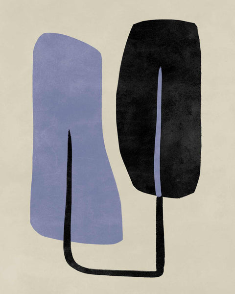 a black and blue abstract painting on a beige background
